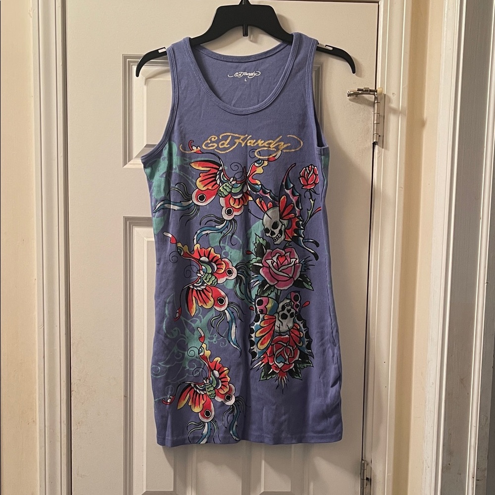 Ed Hardy Women's Blue Floral and Skull Mini Dress